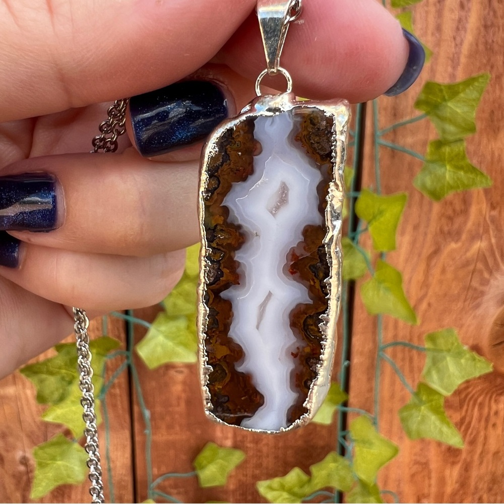 Lace Agate Pendant Necklace with Stainless Steel Chain